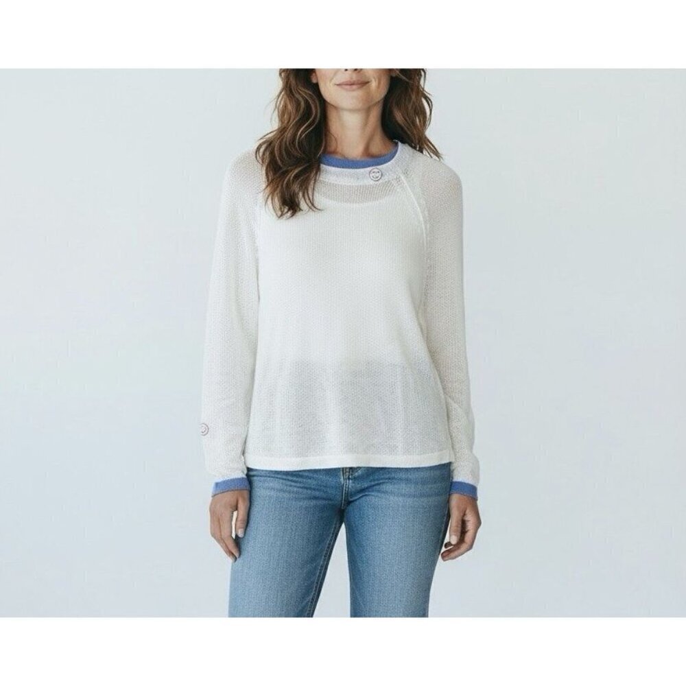 Just Madison Cotton Linen Sweater Small White Blue Detail Nautical Coastal NWT